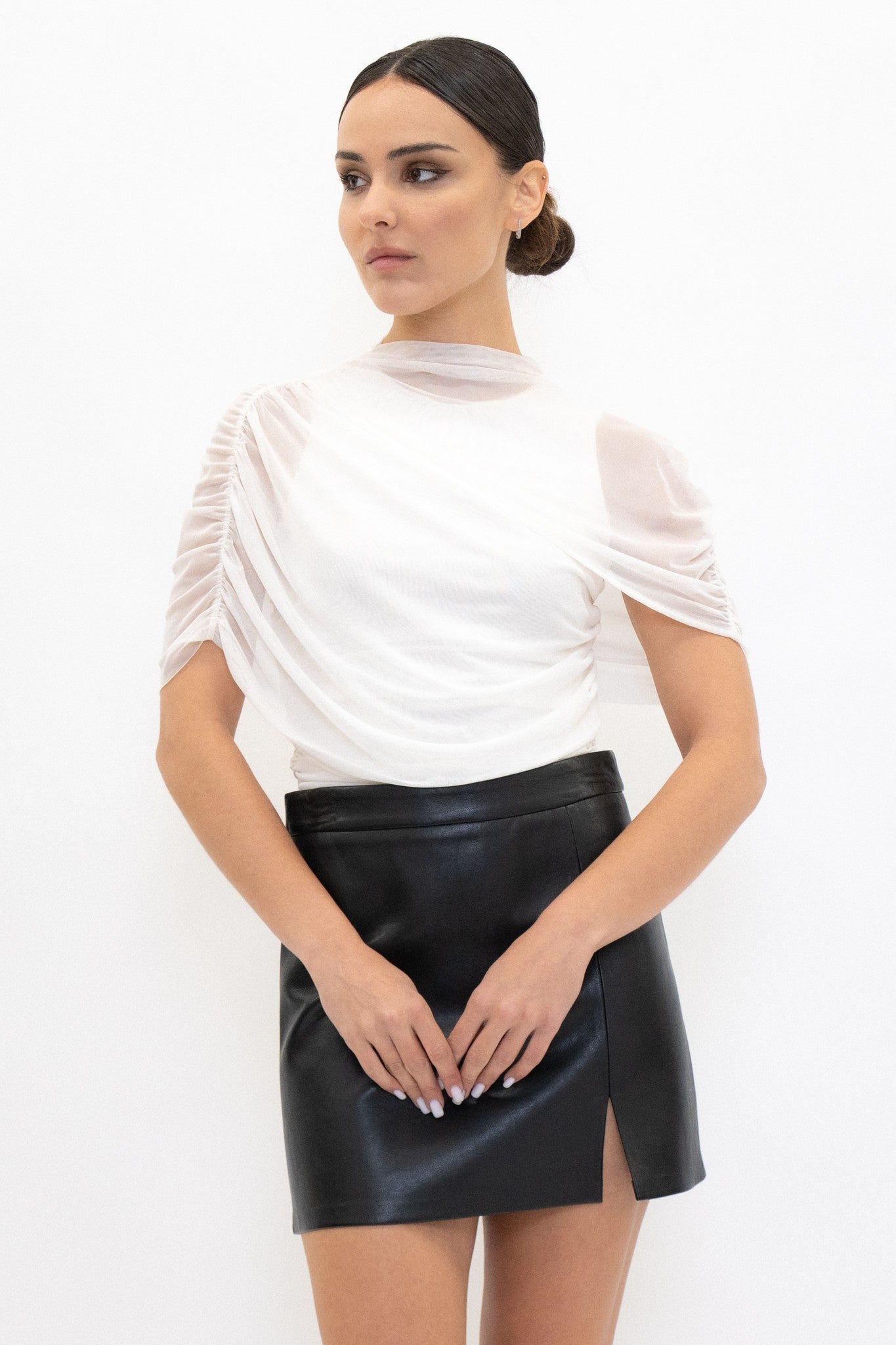 Asymmetric Sheer Cape Ruched Blouse - Ivory