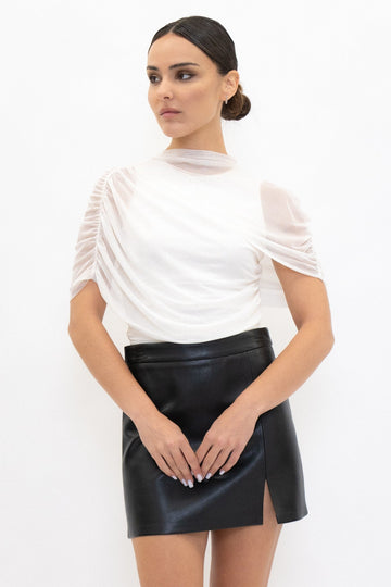 Asymmetric Sheer Cape Ruched Blouse - Ivory