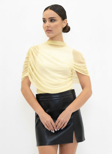 Asymmetric Sheer Cape Ruched Blouse -Yellow