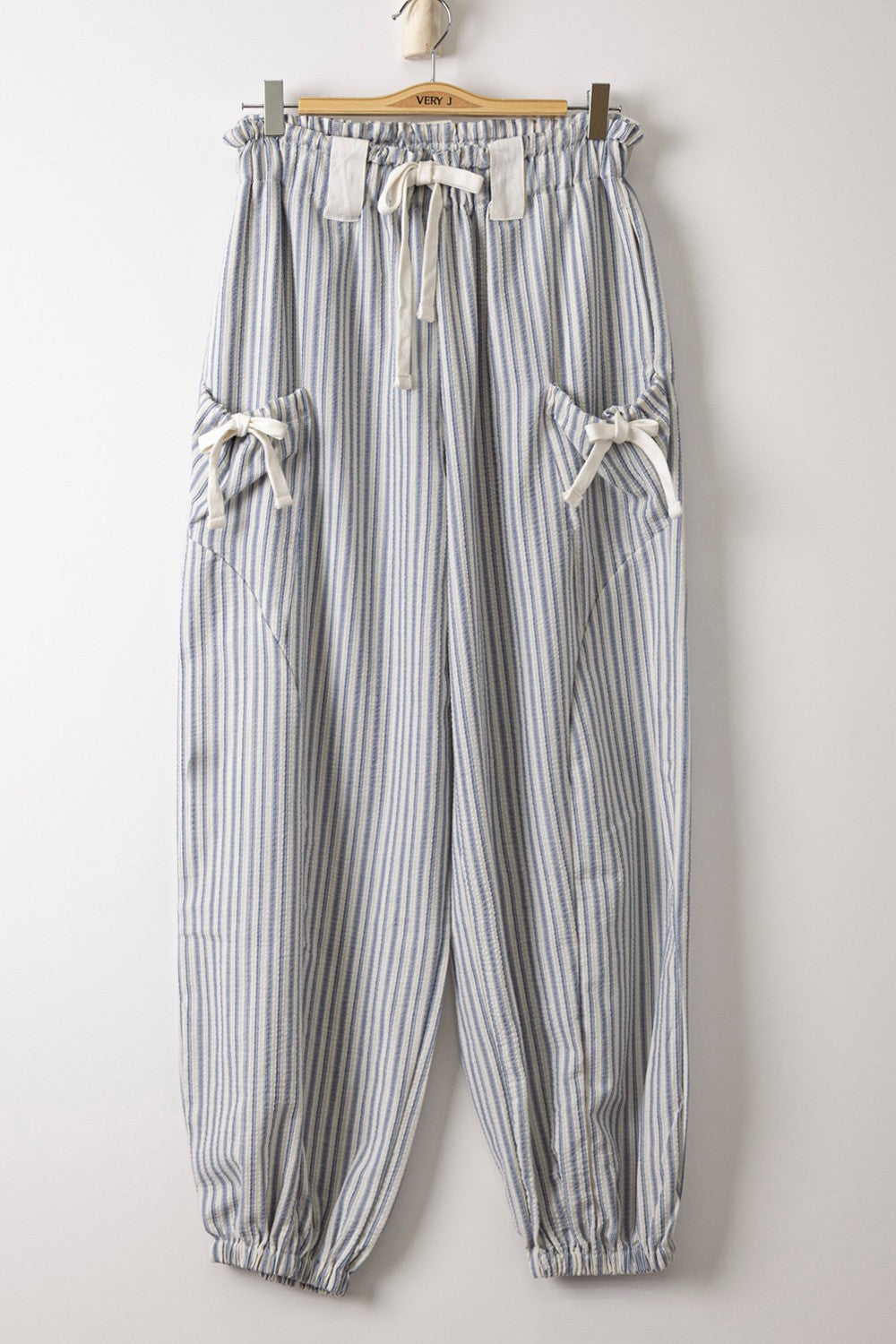 Striped Pants With Bow Detail Pockets - Light Blue