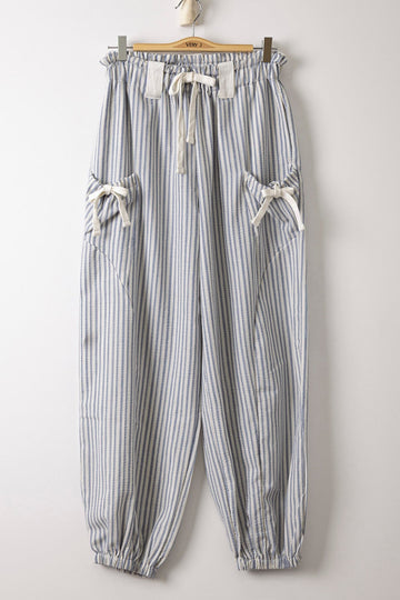 Striped Pants With Bow Detail Pockets - Light Blue