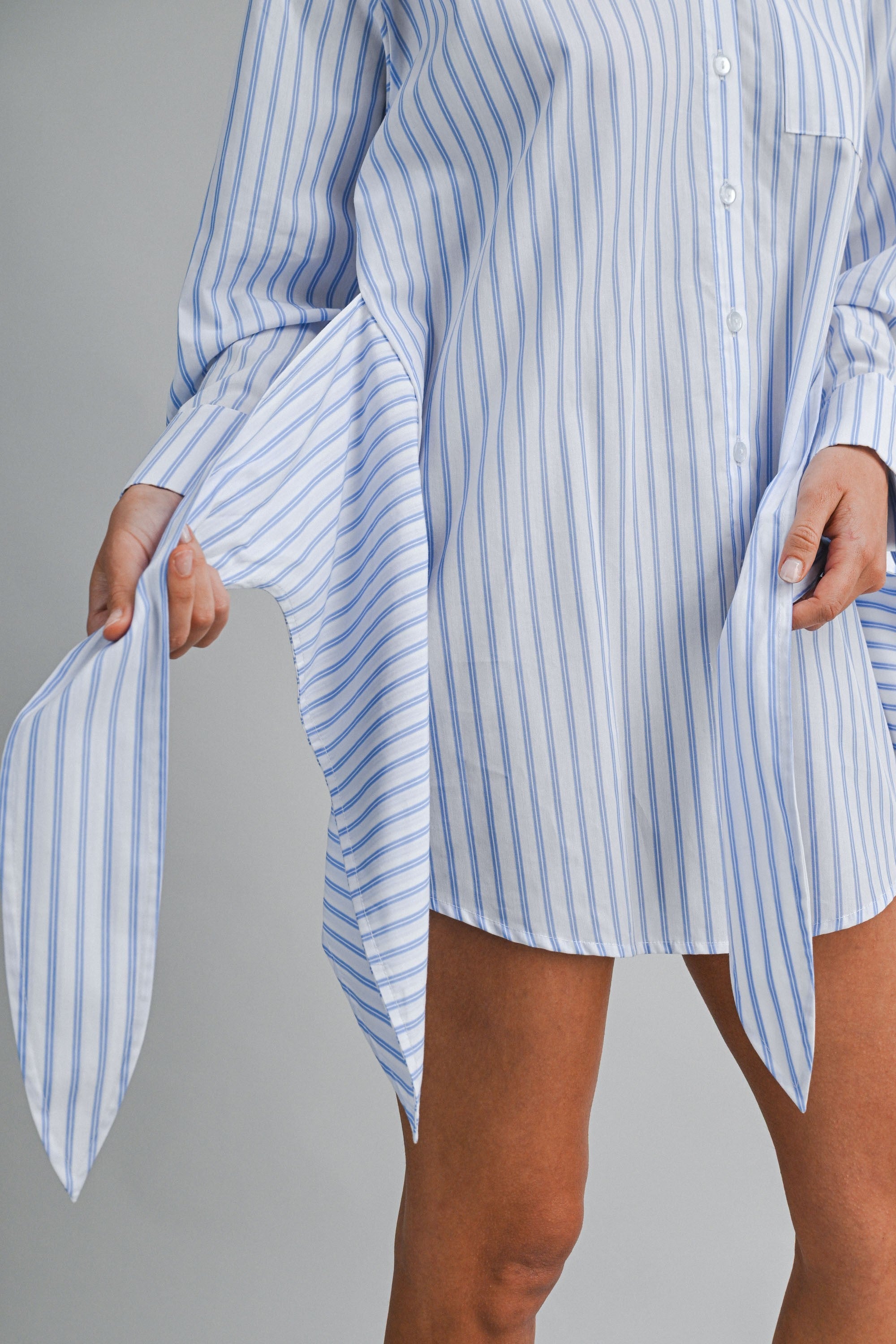 Front Tie Button Down Mini Dress - Blue