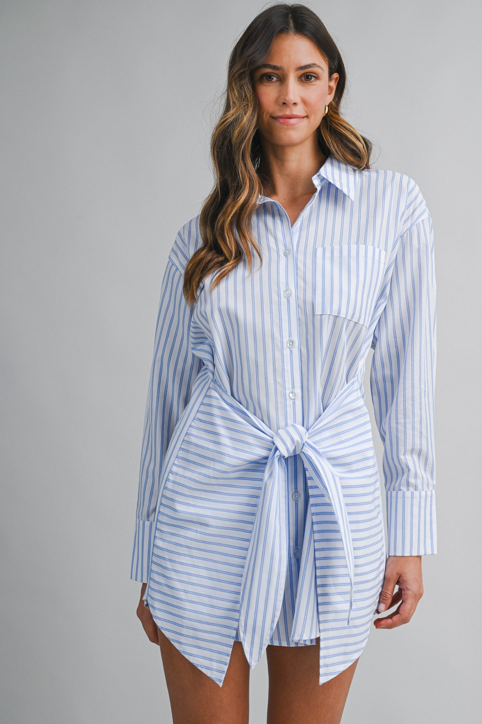 Front Tie Button Down Mini Dress - Blue