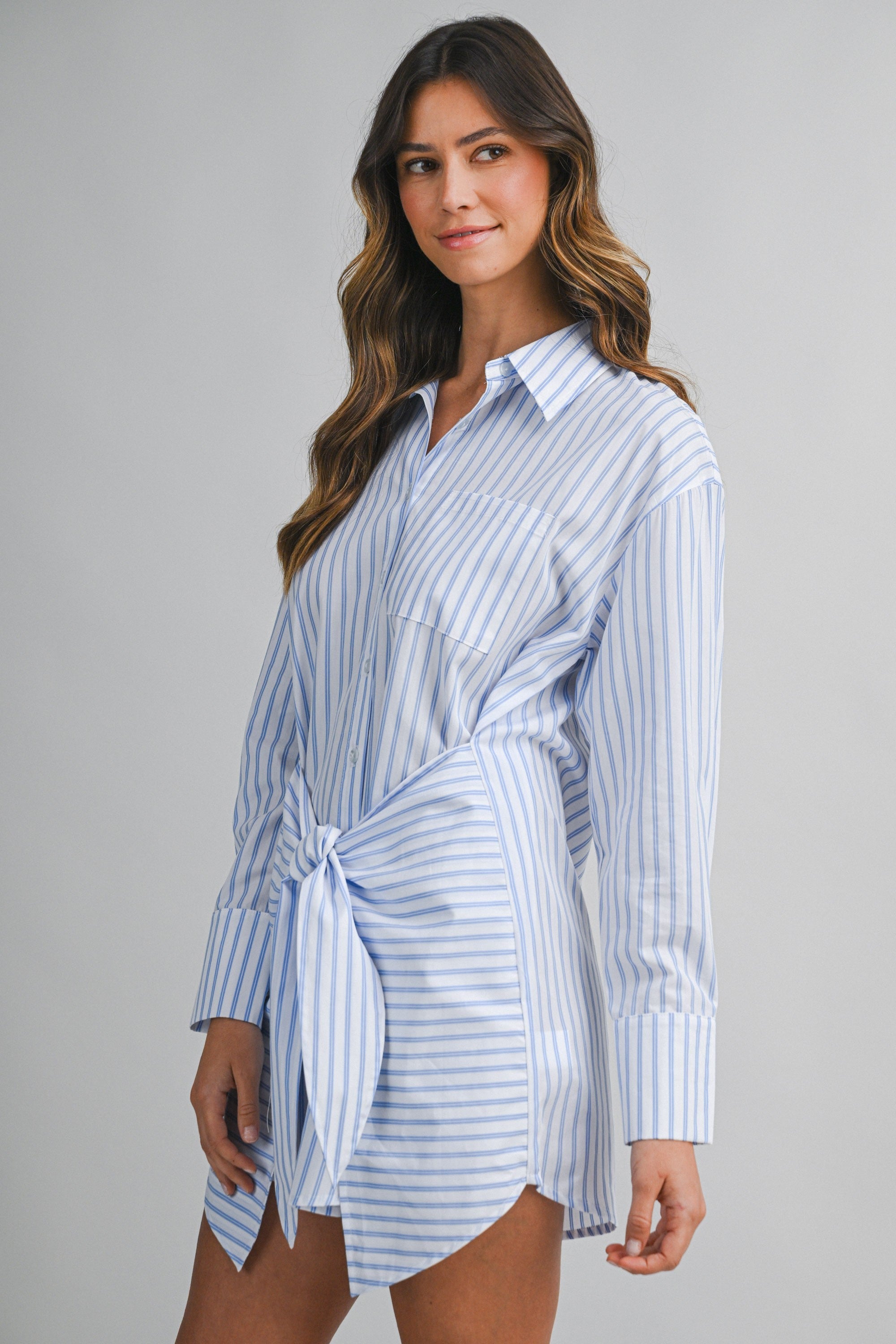 Front Tie Button Down Mini Dress - Blue