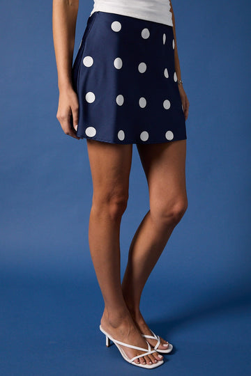 Polka Dot Satin Mini Skirt - Navy Blue