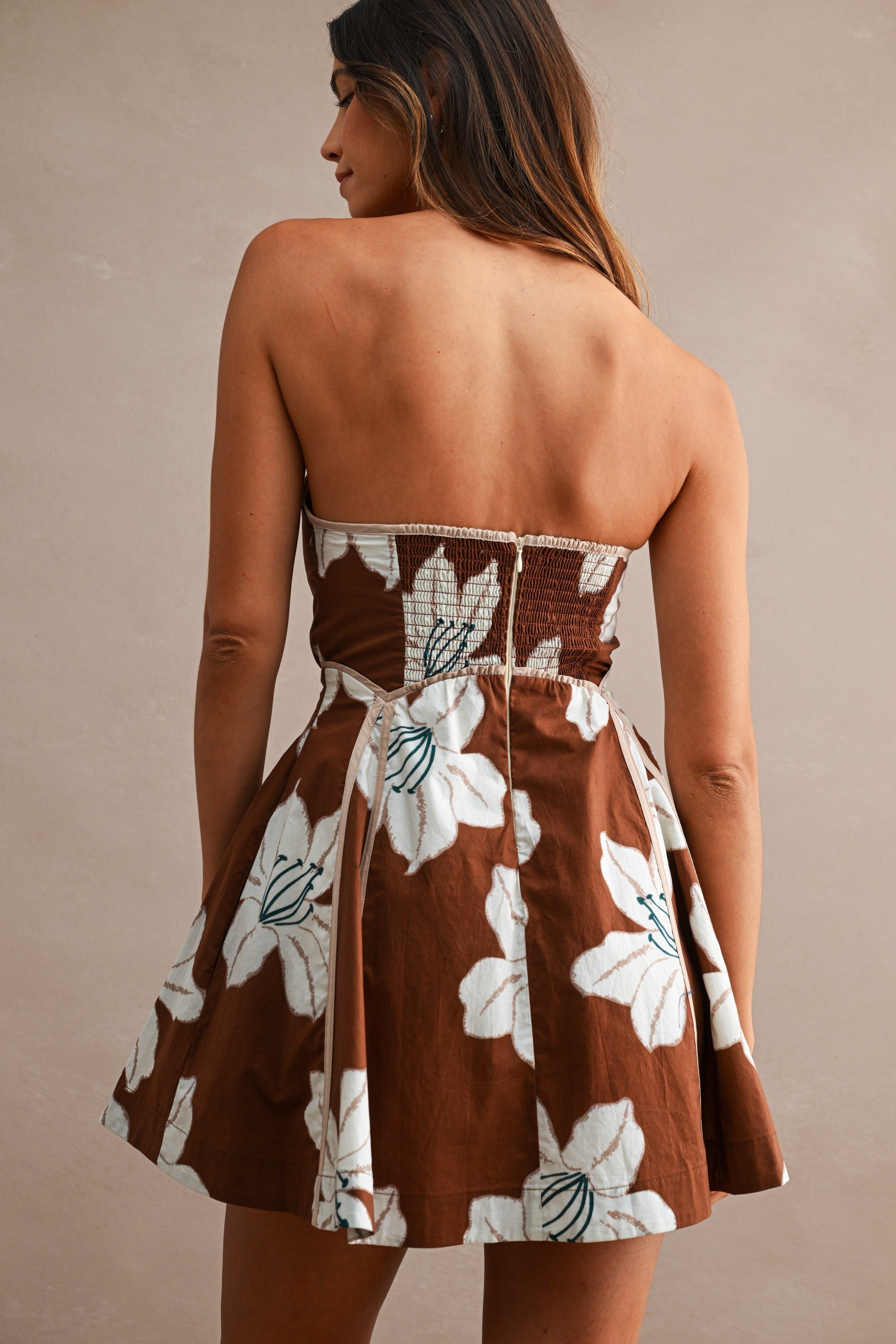 Brown Floral Print Strapless Contrast Piping Detail Mini Dress