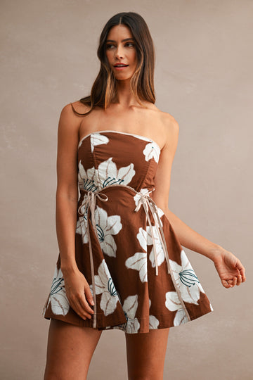 Brown Floral Print Strapless Contrast Piping Detail Mini Dress