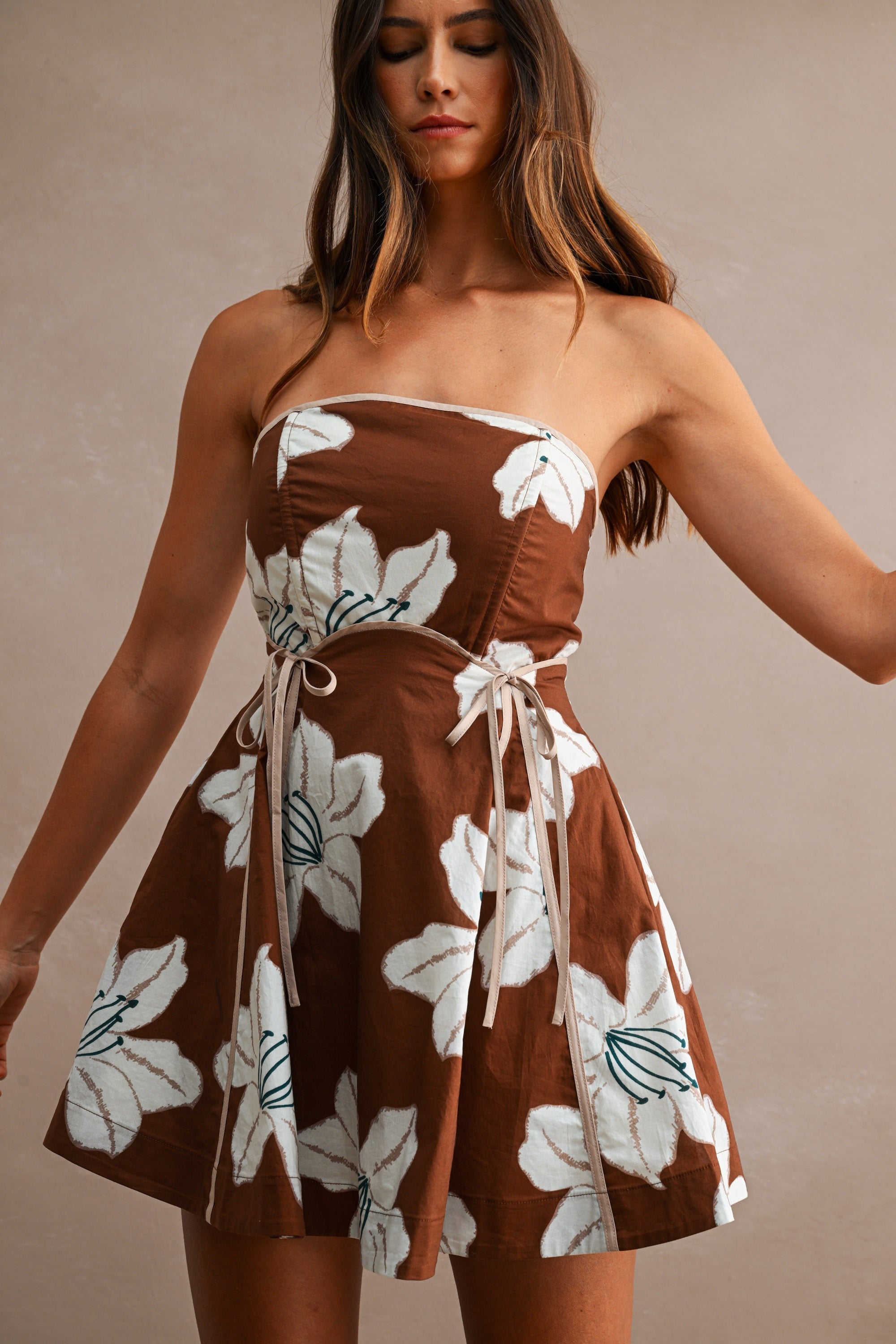 Brown Floral Print Strapless Contrast Piping Detail Mini Dress