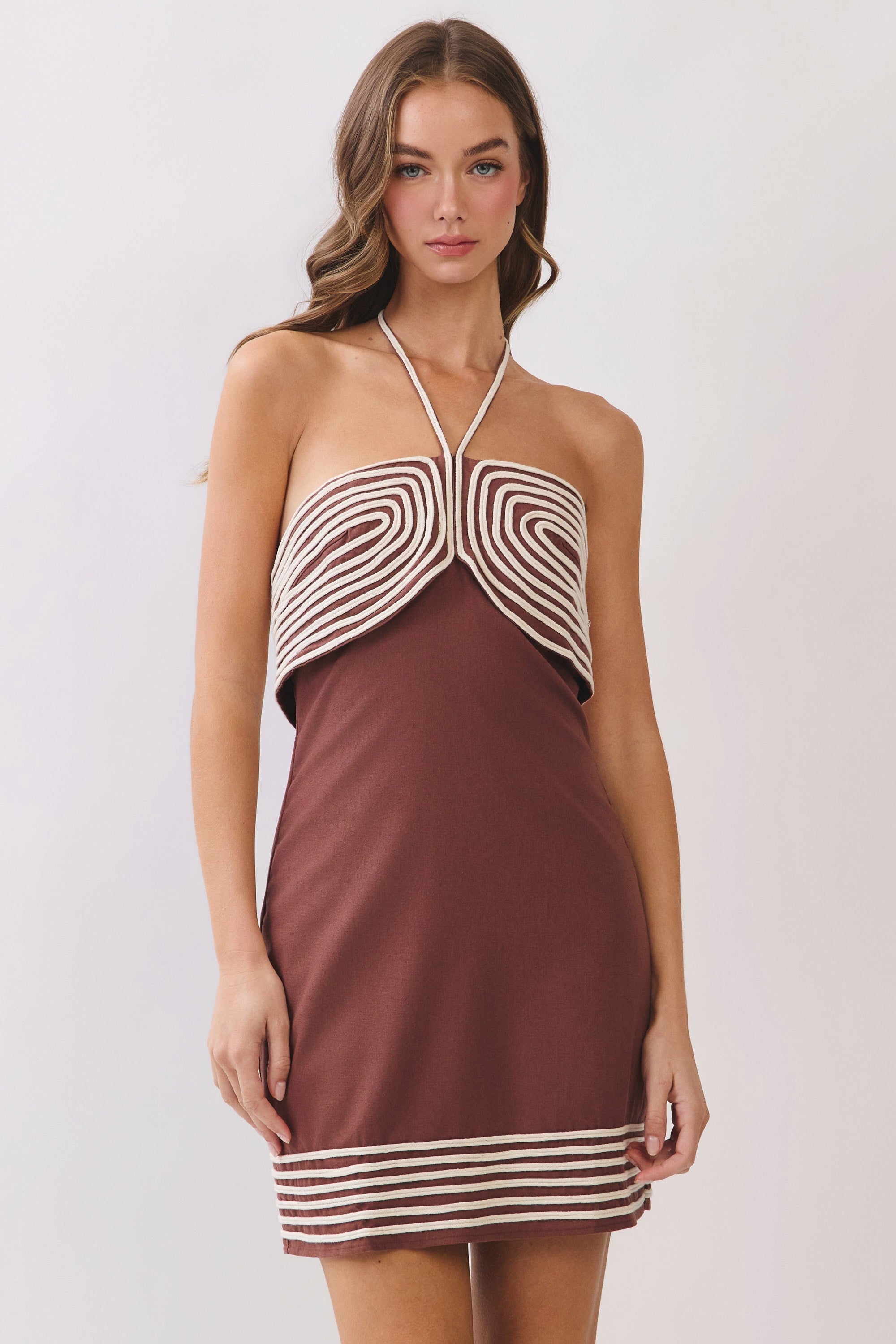 Brown Rope Detail Halter Mini Dress