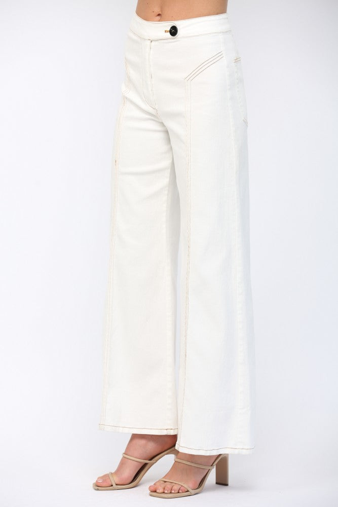 Contrast Topstitching Detail Flare Pants - Cream