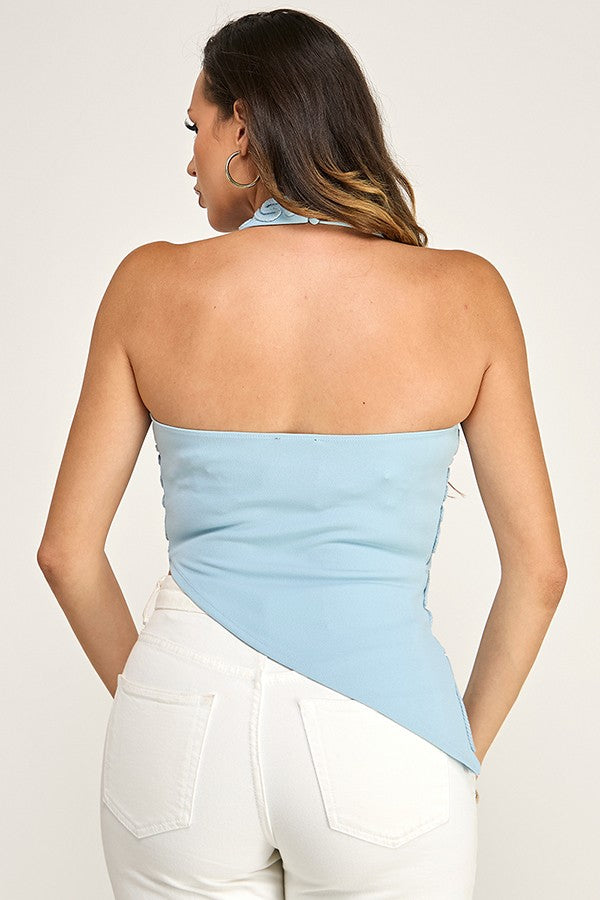 Asymmetrical Embroidered Detail Halter Top - Blue