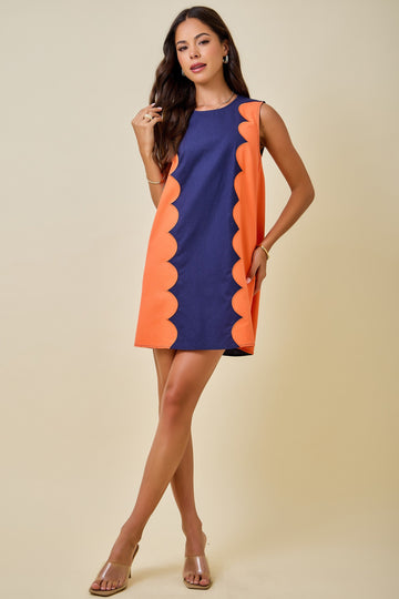 Navy and Orange Scallop Block Shift Dress