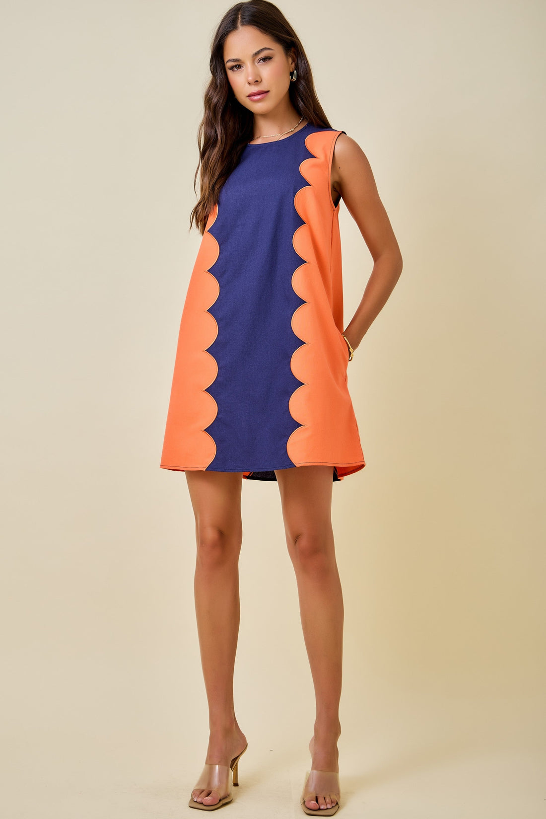 Navy and Orange Scallop Block Shift Dress