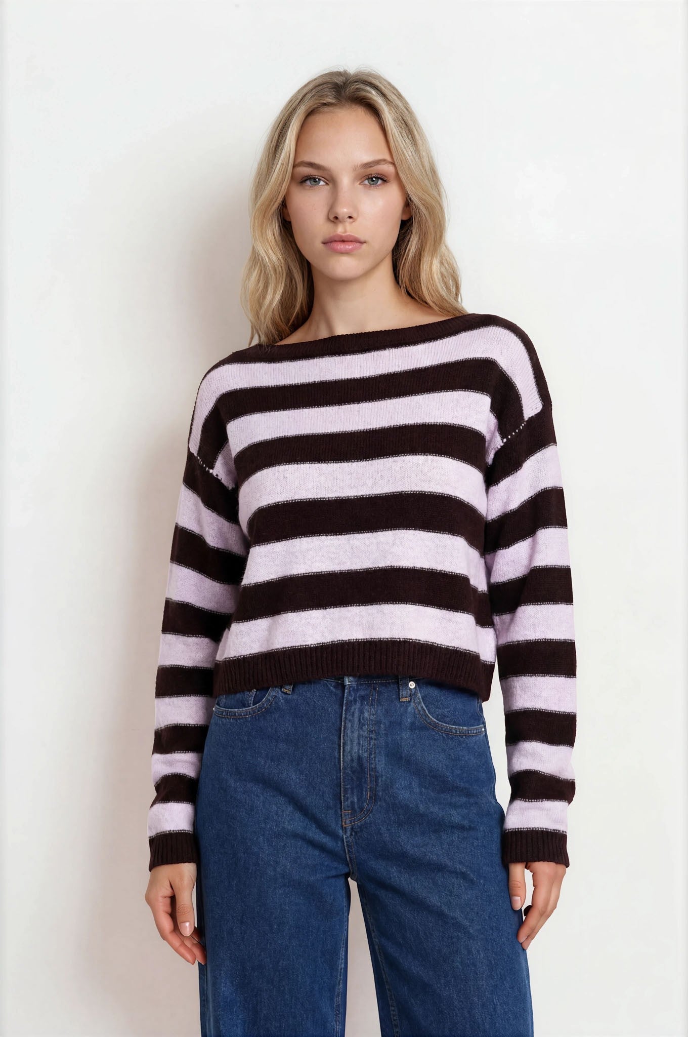 Pink and Burgundy Striped Boatneck Knit Sweater