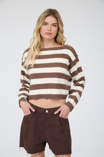Chestnut and Cream Striped Boatneck Knit Sweater