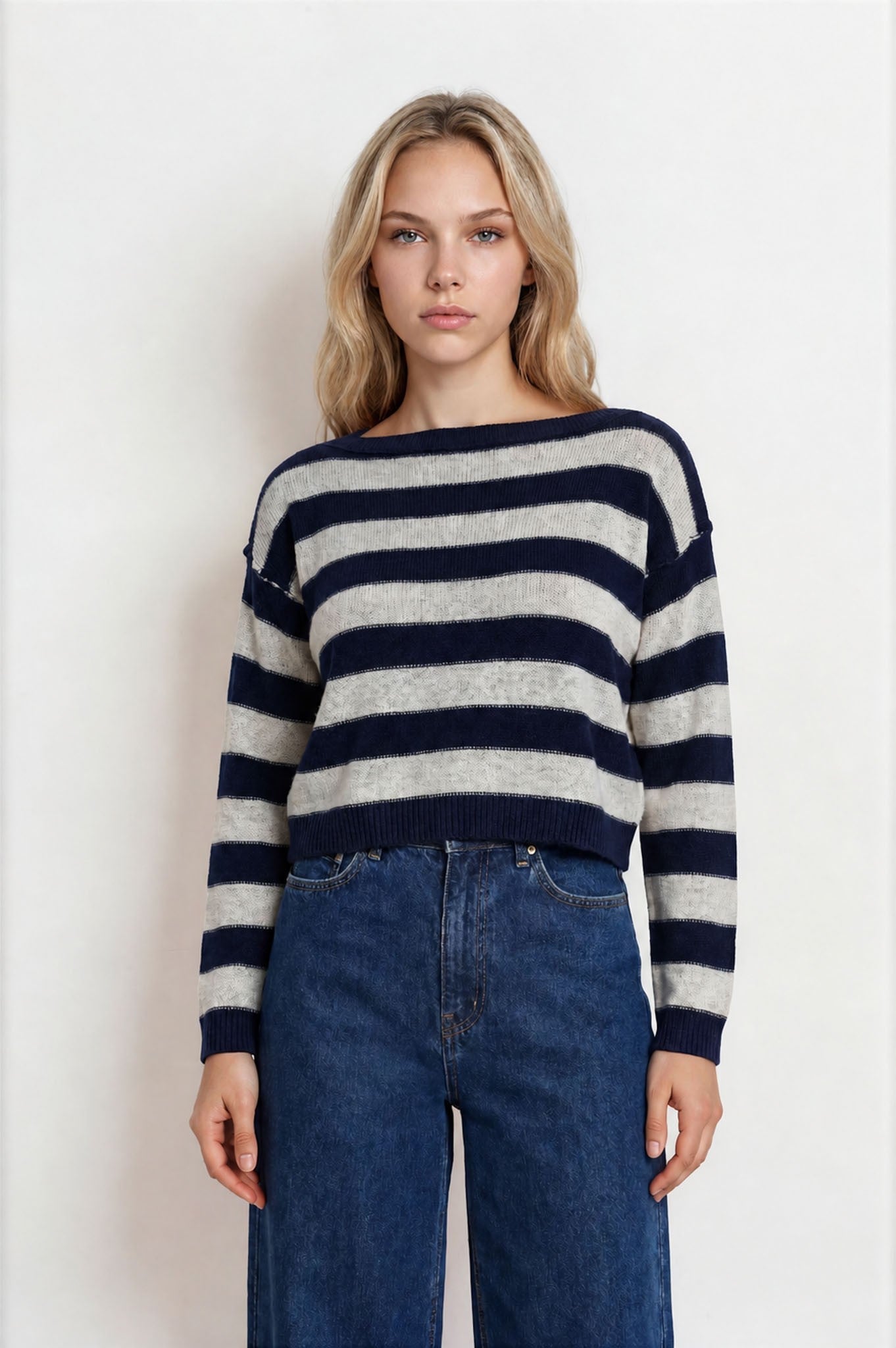 Denim Blue and Taupe Striped Boatneck Knit Sweater