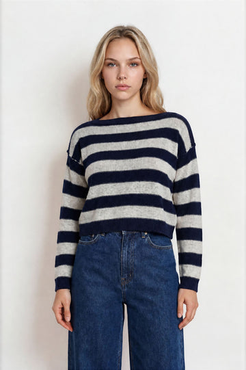 Denim Blue and Taupe Striped Boatneck Knit Sweater