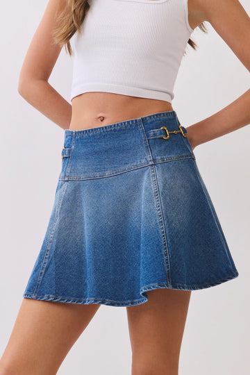 Denim Horsebit Detail Flare Mini Skirt