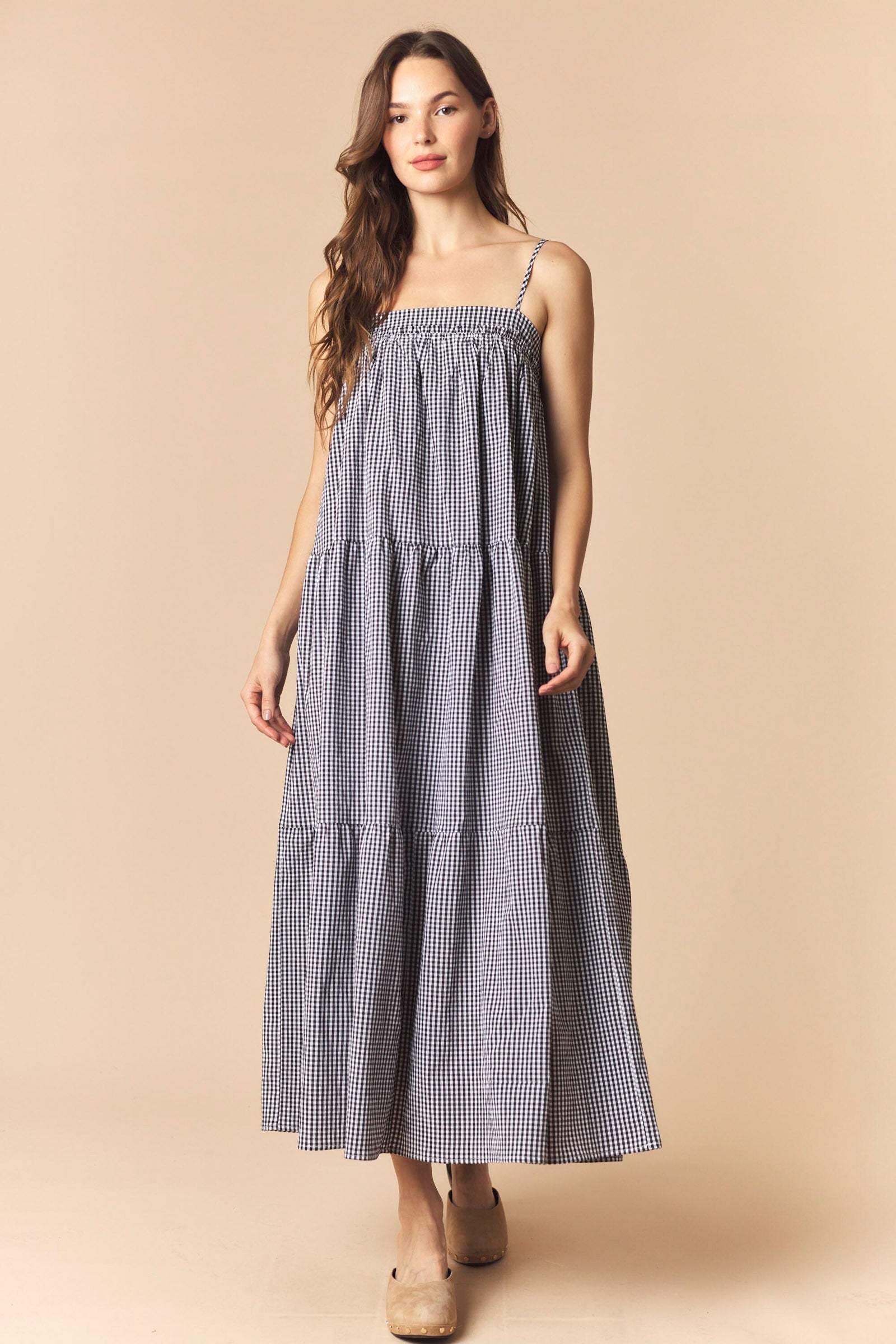 Black Gingham Tiered Smocked Maxi Dress with Red Ribbon