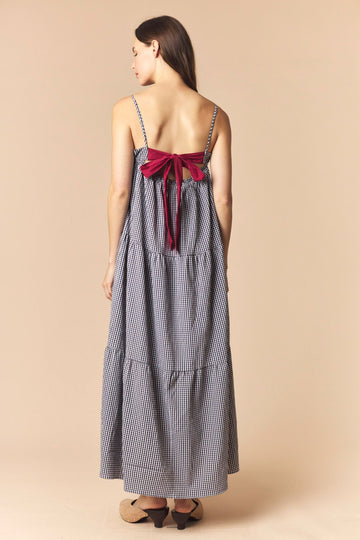 Black Gingham Tiered Smocked Maxi Dress with Red Ribbon