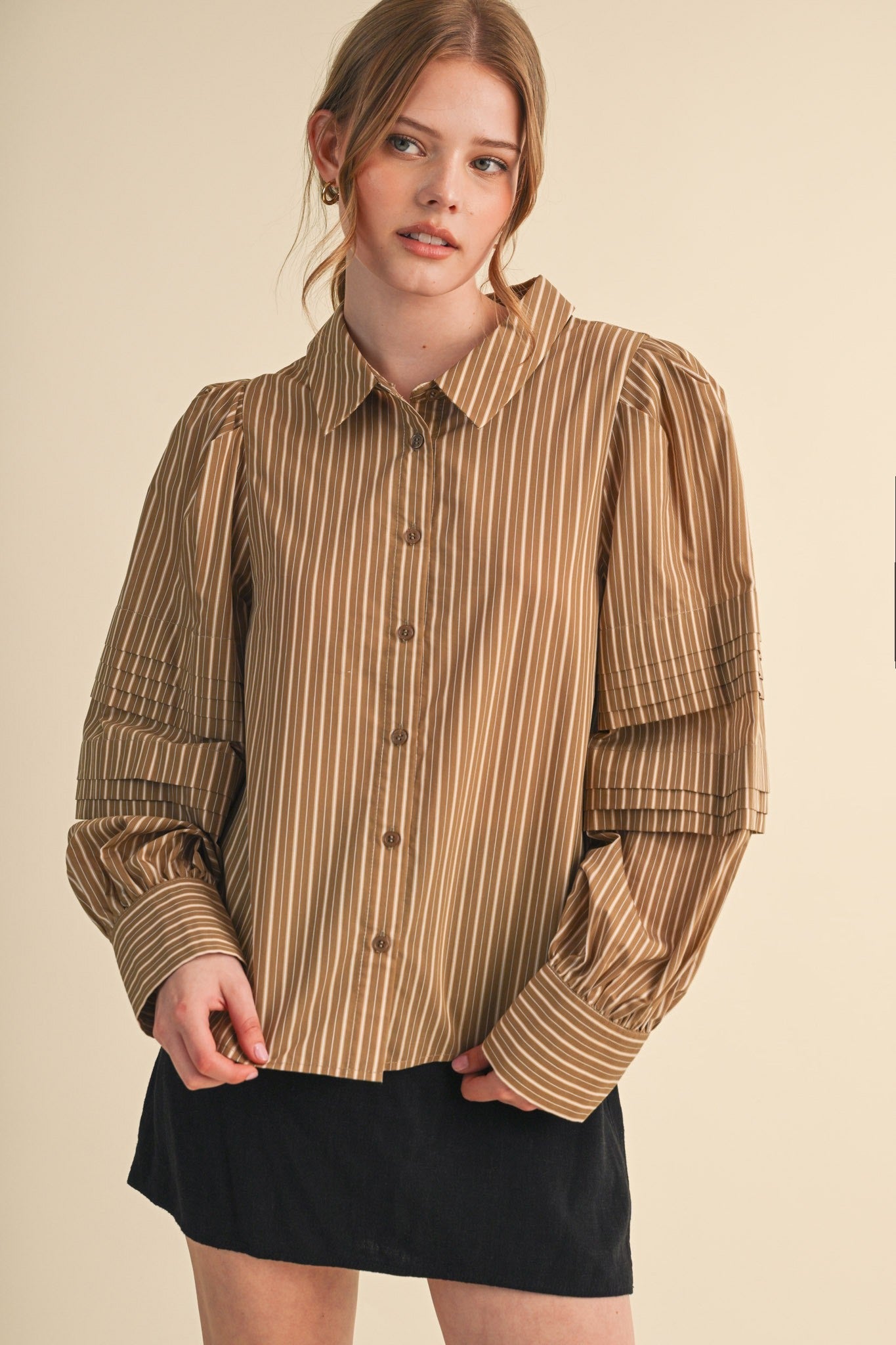 Toffee Striped Pin Tuck Puff Sleeve Blouse