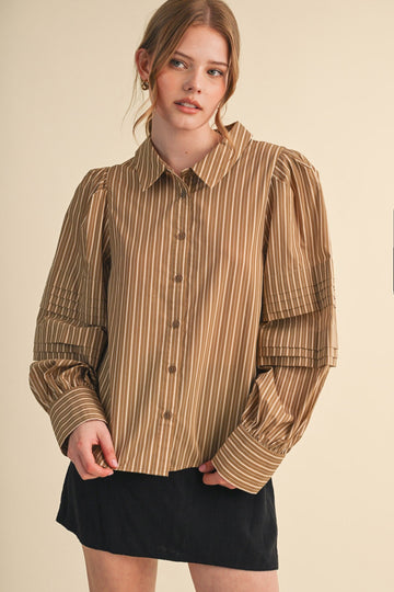 Toffee Striped Pin Tuck Puff Sleeve Blouse