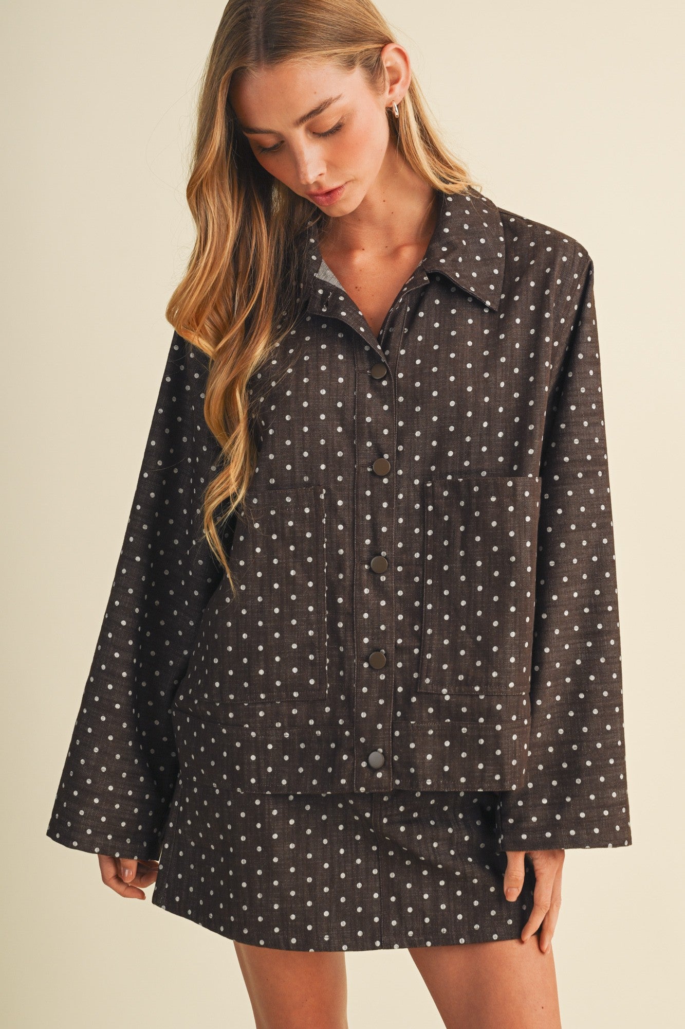 Espresso Polka Dot Chore Jacket and Utility Skirt Set