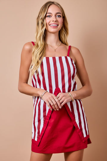 Crimson Red and White Striped Cutout Skirt Set