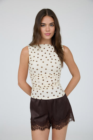 Polka Dot Twist Detail Mesh Top