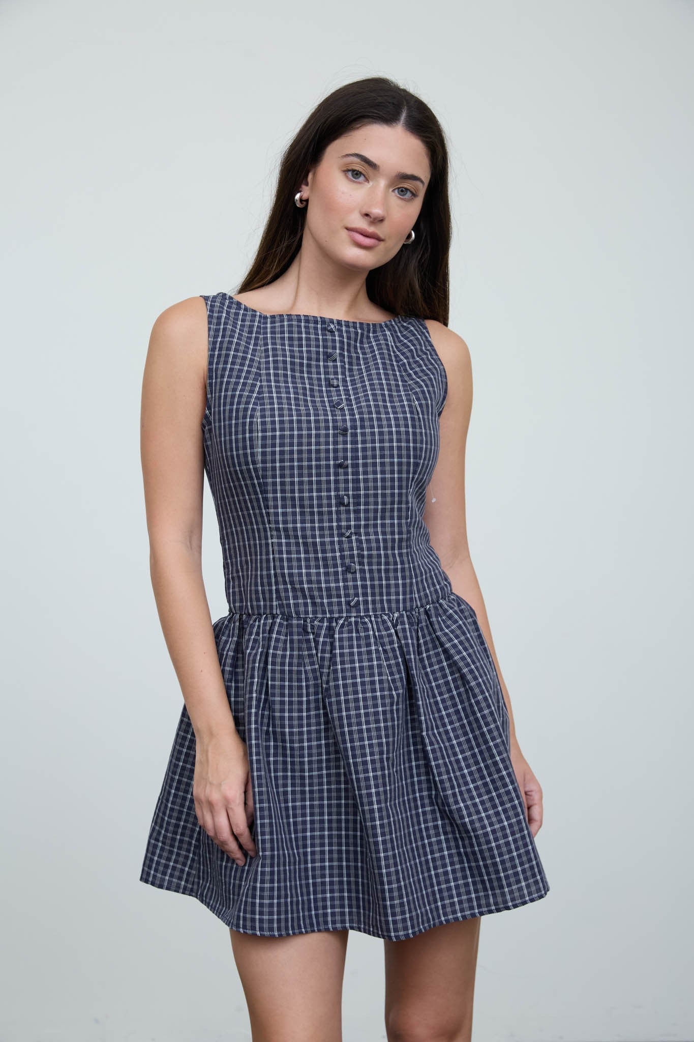 Midnight Navy Plaid Boat Neck Sleeveless Mini Dress