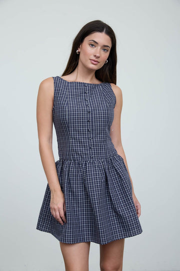 Midnight Navy Plaid Boat Neck Sleeveless Mini Dress
