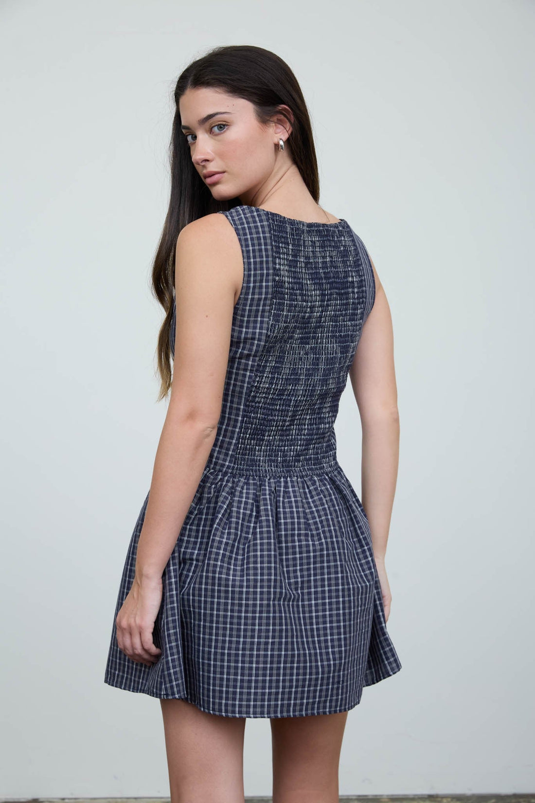 Midnight Navy Plaid Boat Neck Sleeveless Mini Dress