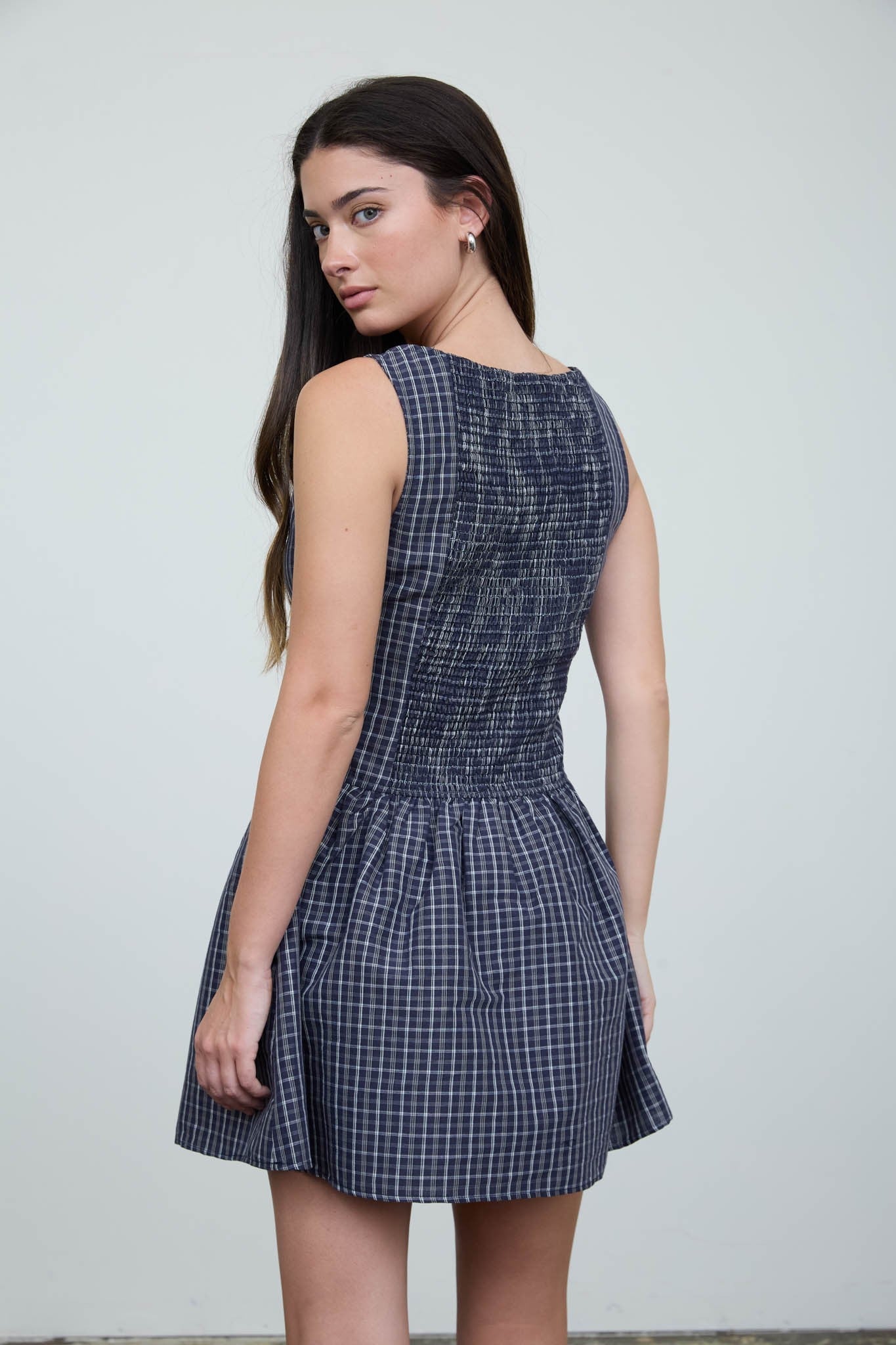 Midnight Navy Plaid Boat Neck Sleeveless Mini Dress