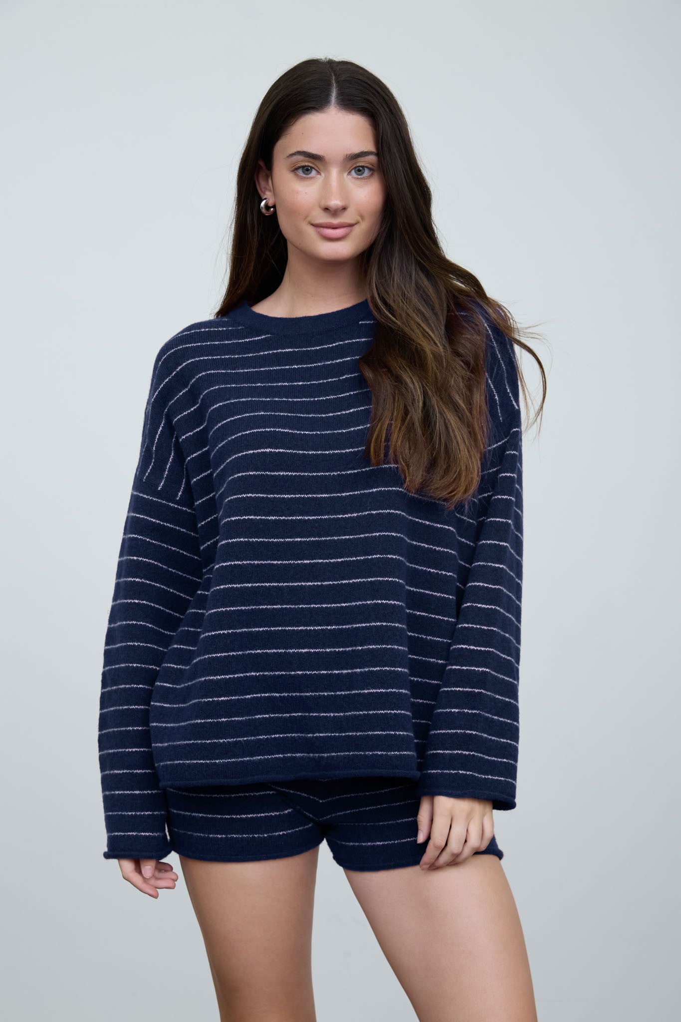 Navy Striped Boxy Pullover Sweater and Short Set