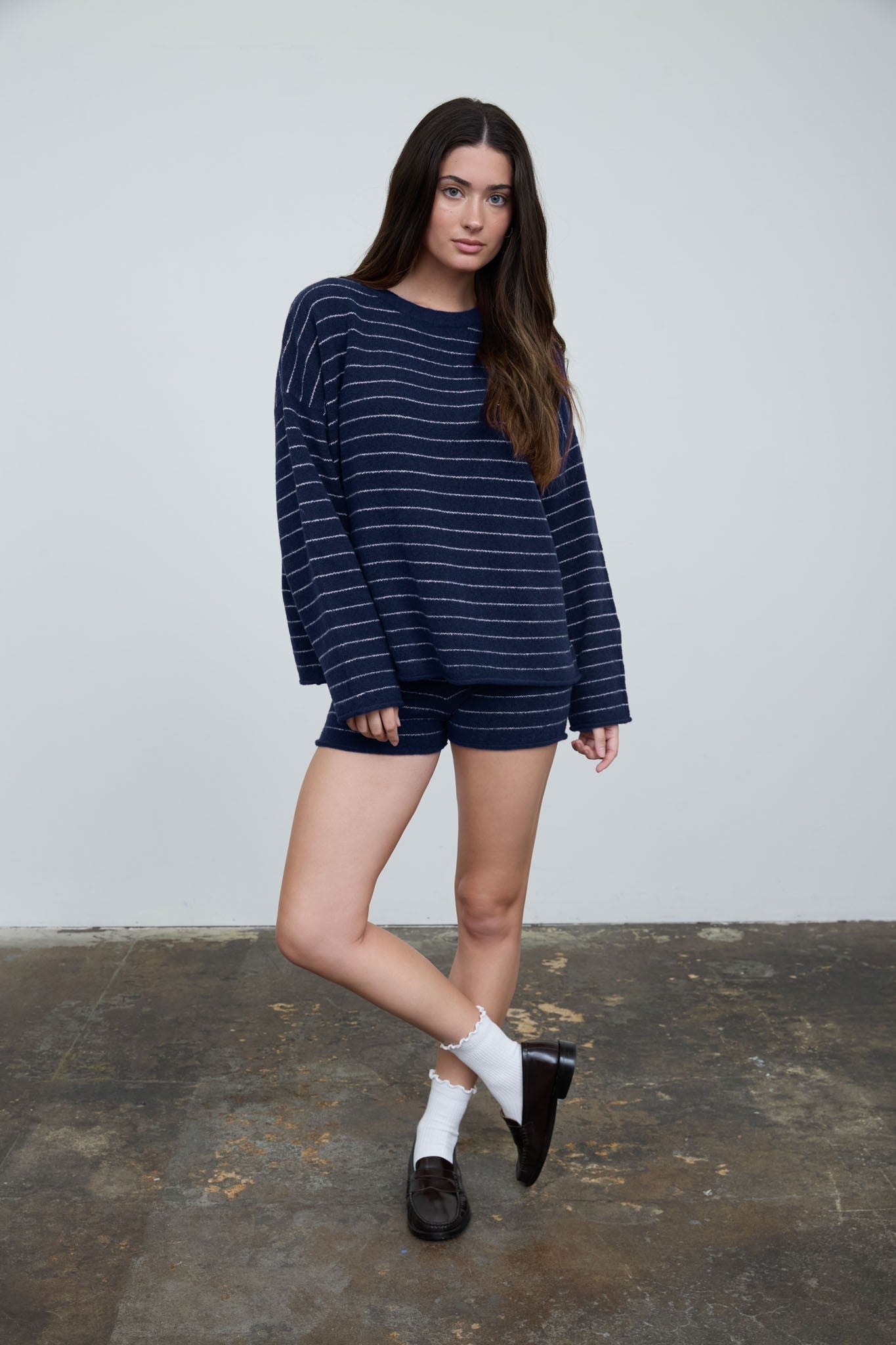 Navy Striped Boxy Pullover Sweater and Short Set