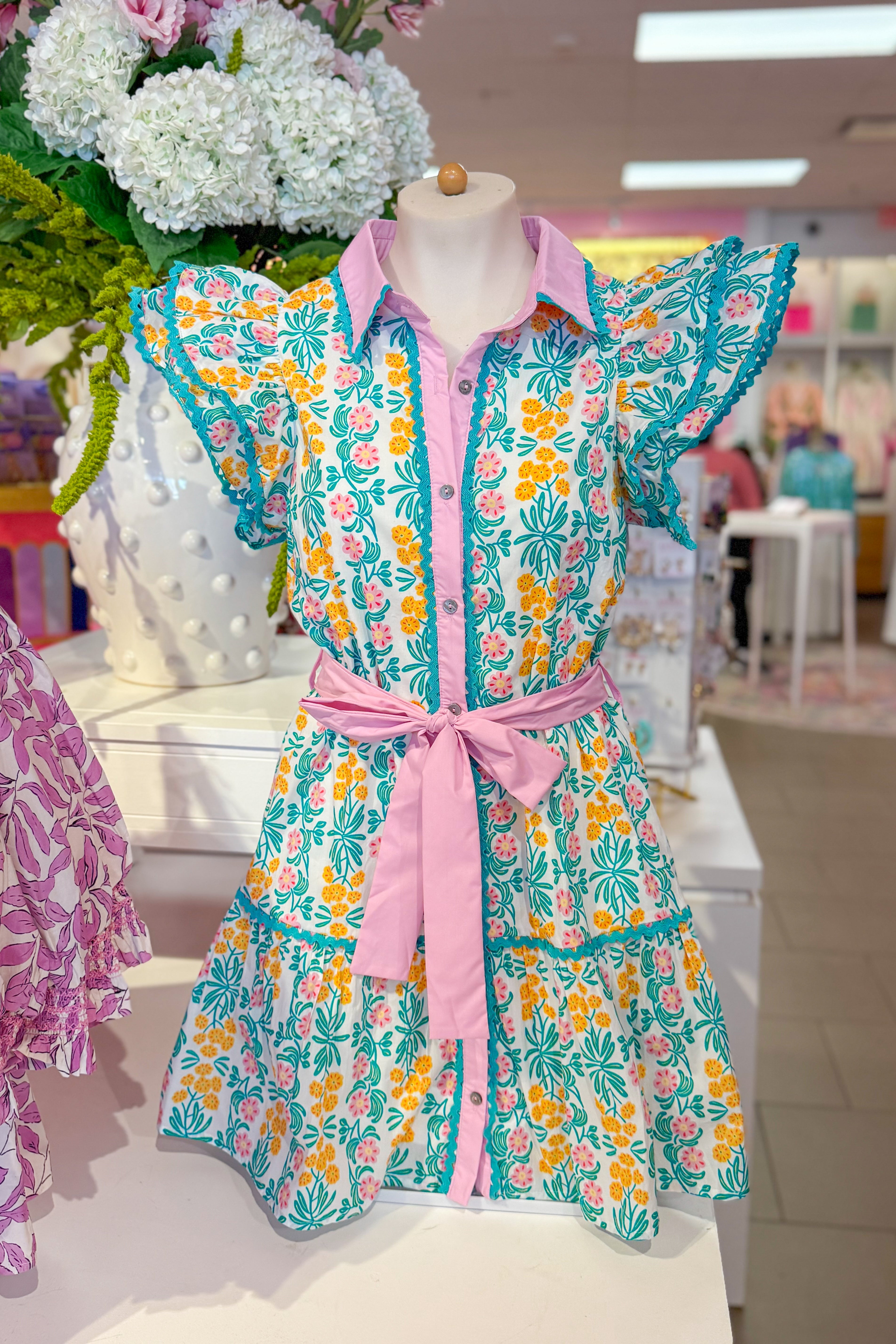 Mint Green Belted Floral Mini Dress