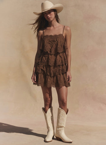 Chestnut Prairie Tiered Lace-Trim Mini Dress