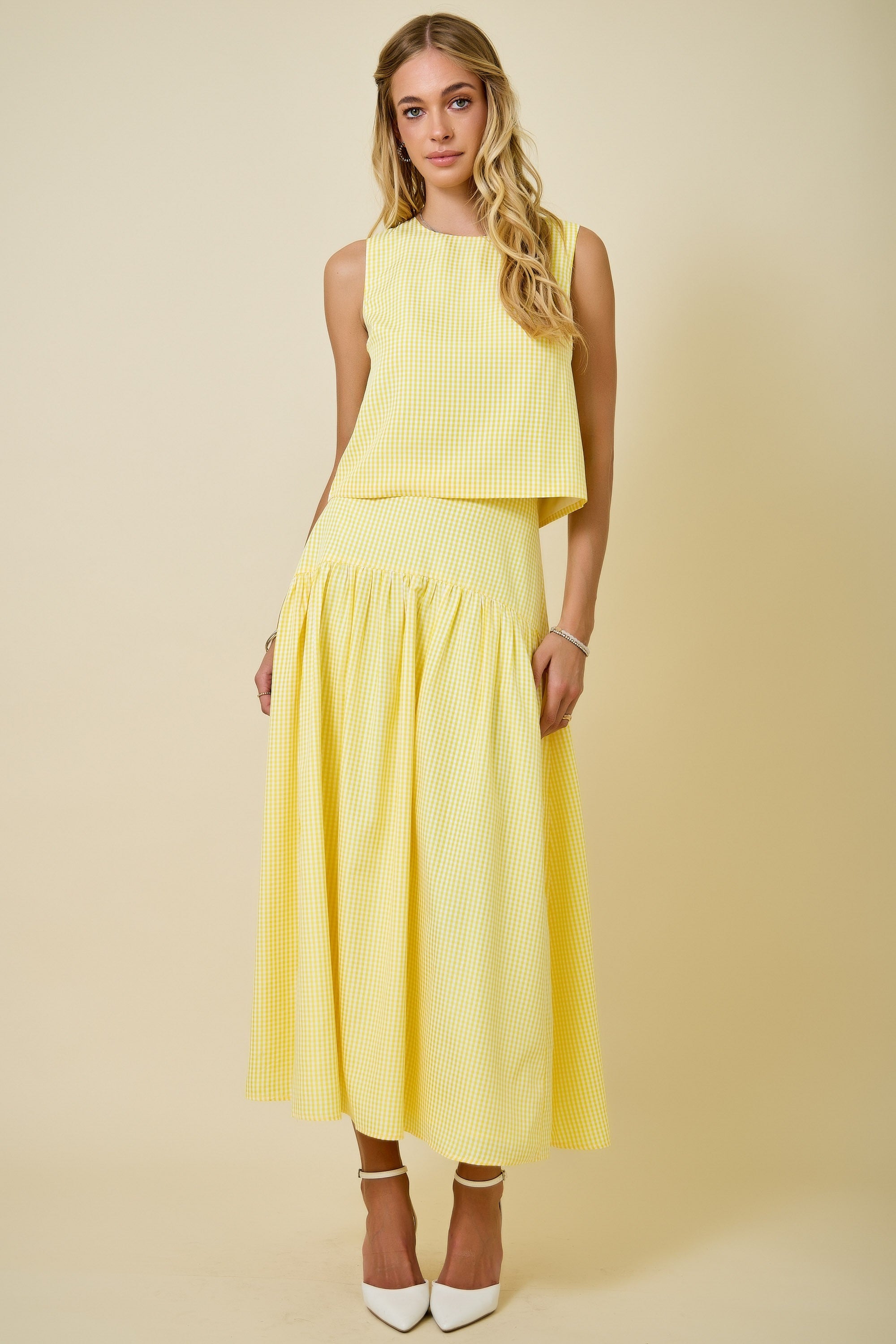 Yellow Gingham Top and Midi Skirt Set