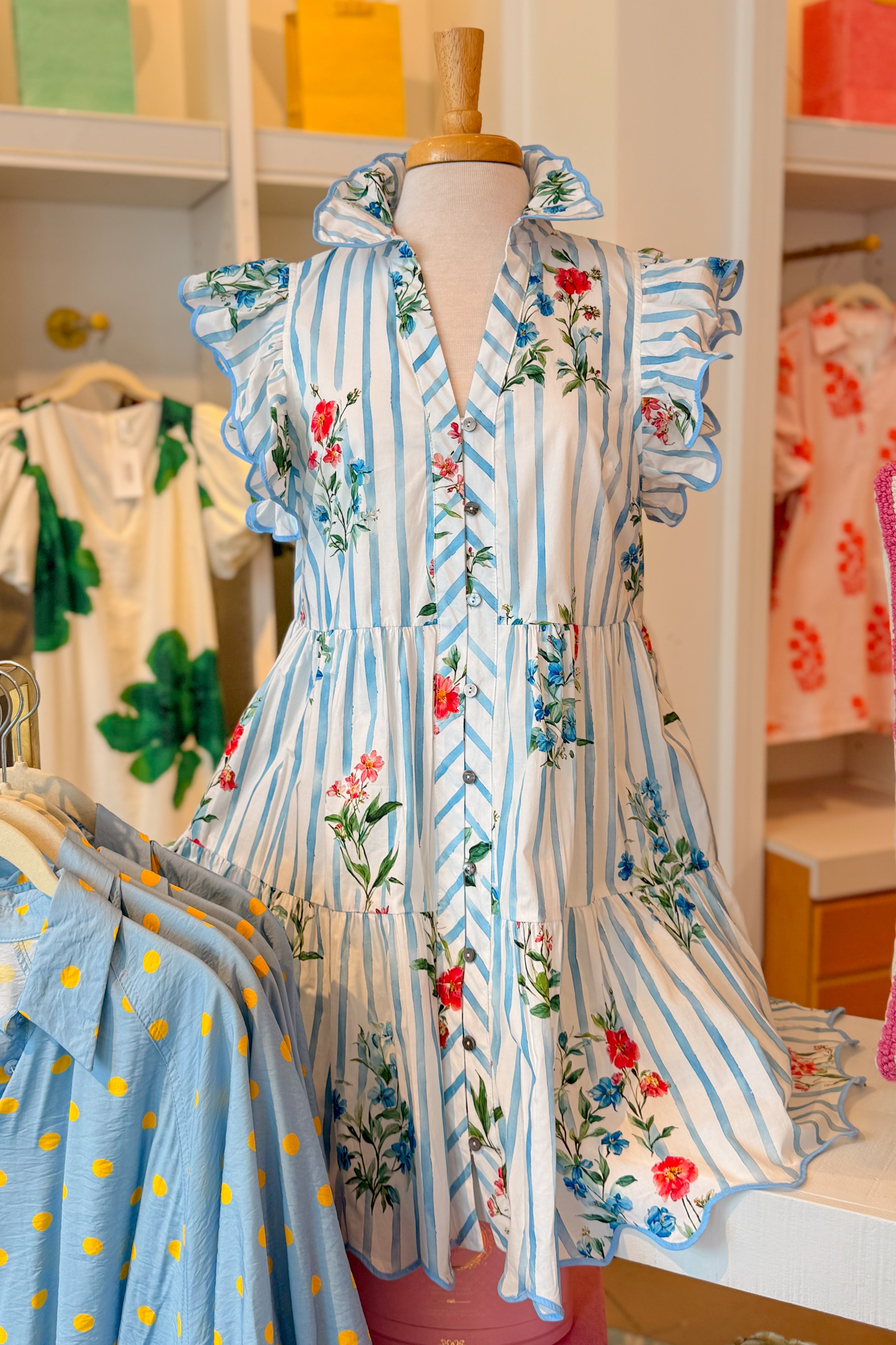Blue Striped Floral Ruffle Sleeve Mini Dress