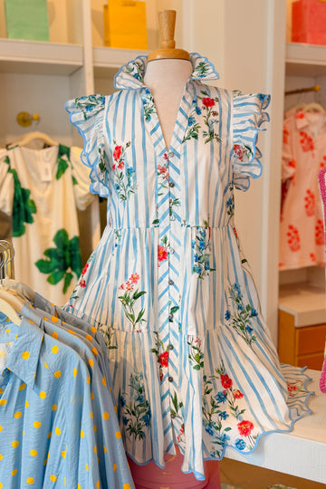 Blue Striped Floral Ruffle Sleeve Mini Dress