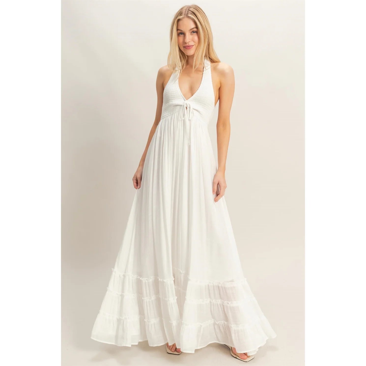 White Tiered Ruffle Halter Maxi Dress