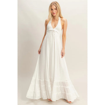 White Tiered Ruffle Halter Maxi Dress