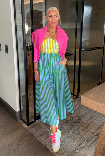 Scallop Trim Striped Maxi Dress - Green