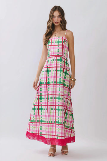 Plaid Pattern Maxi Dress With Fringe Hem