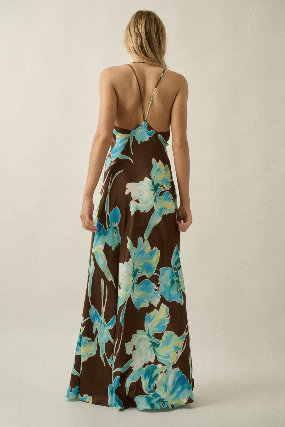 Floral Print Satin Maxi Dress - Brown and Blue