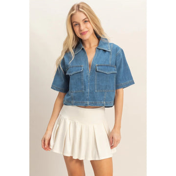 Denim Front Pocket Short Sleeve Top
