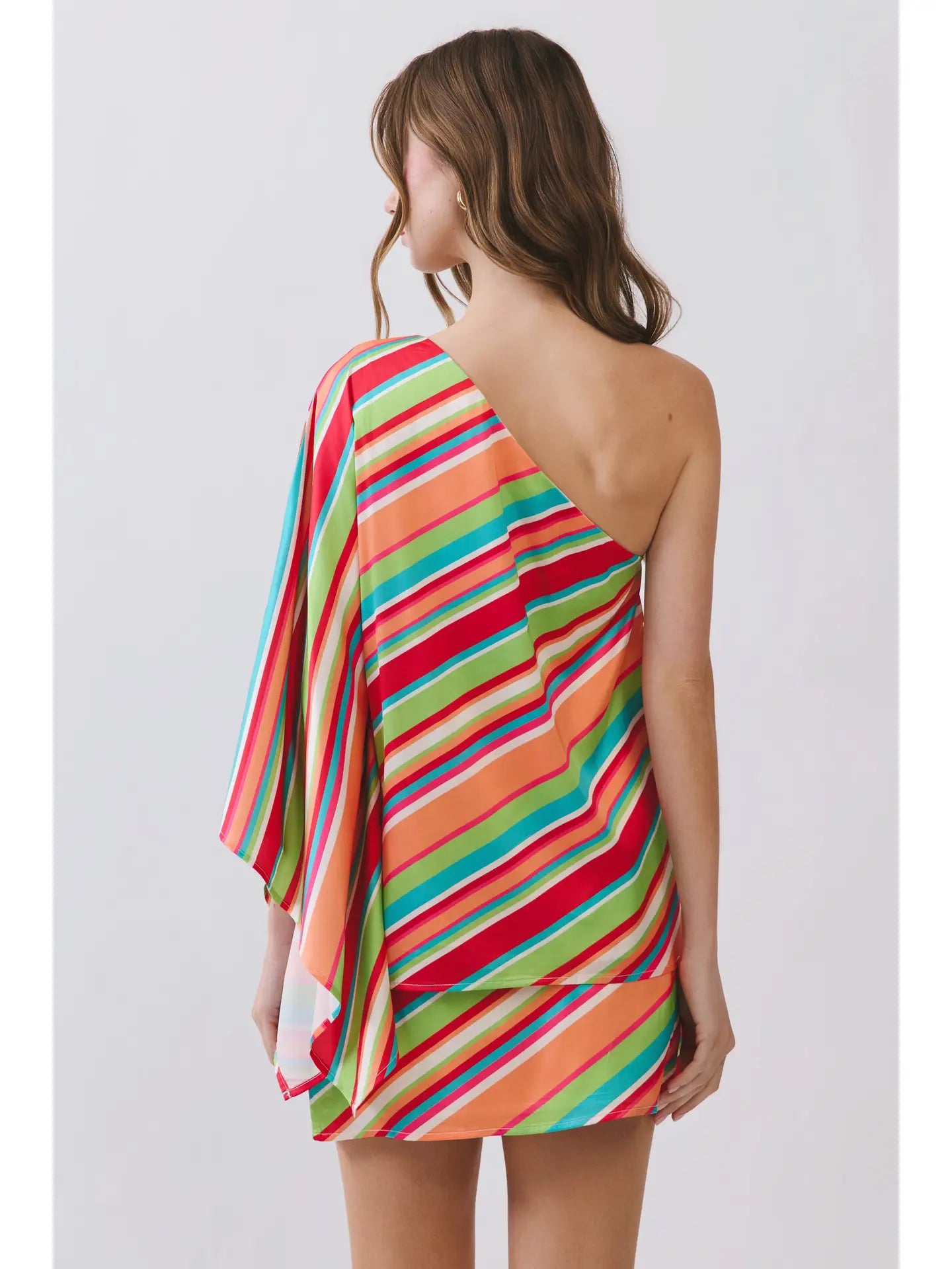 Diagonal Stripe One Shoulder Top and Skirt Set