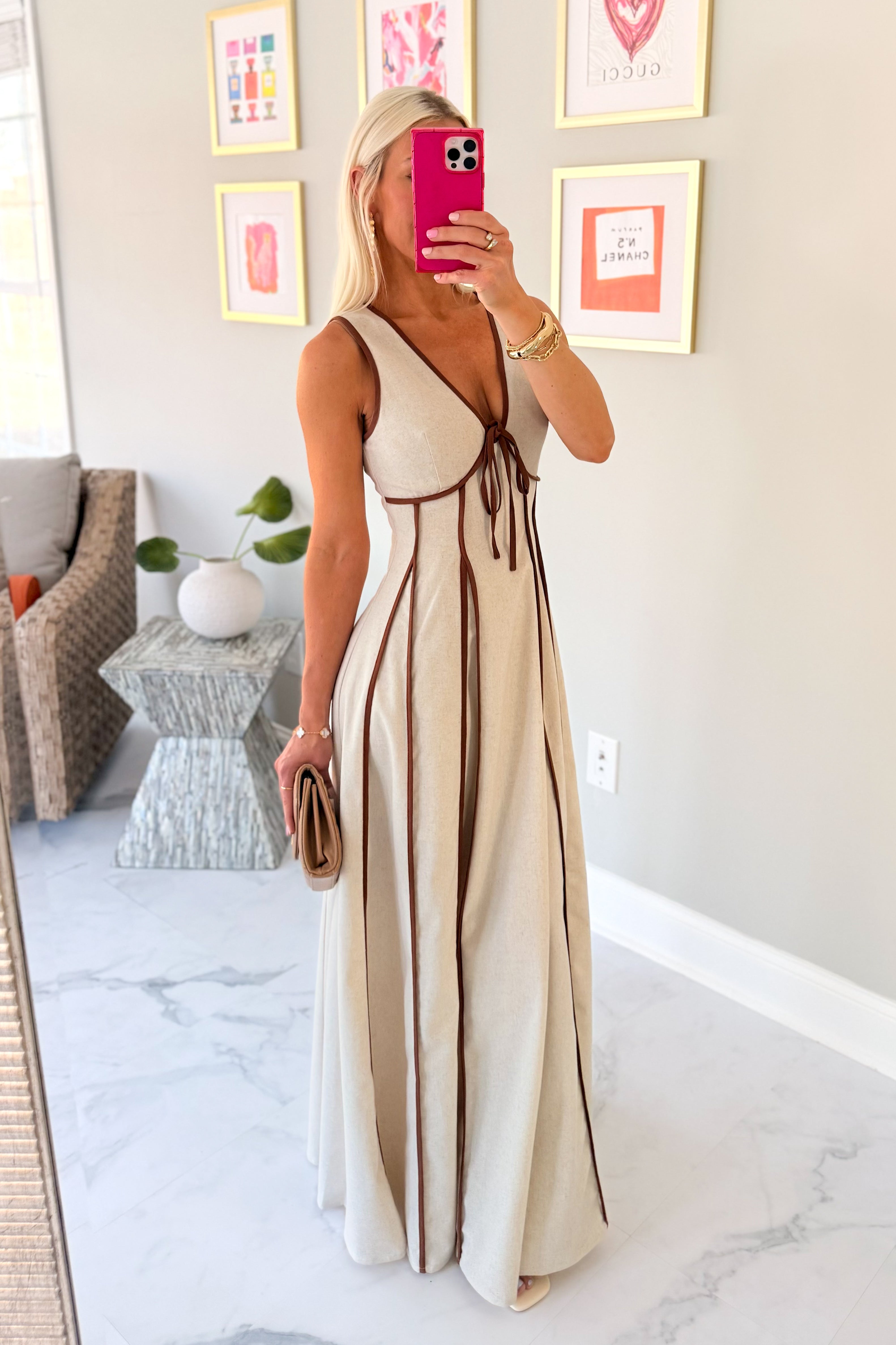 Brown Contrasting Linen Maxi Dress