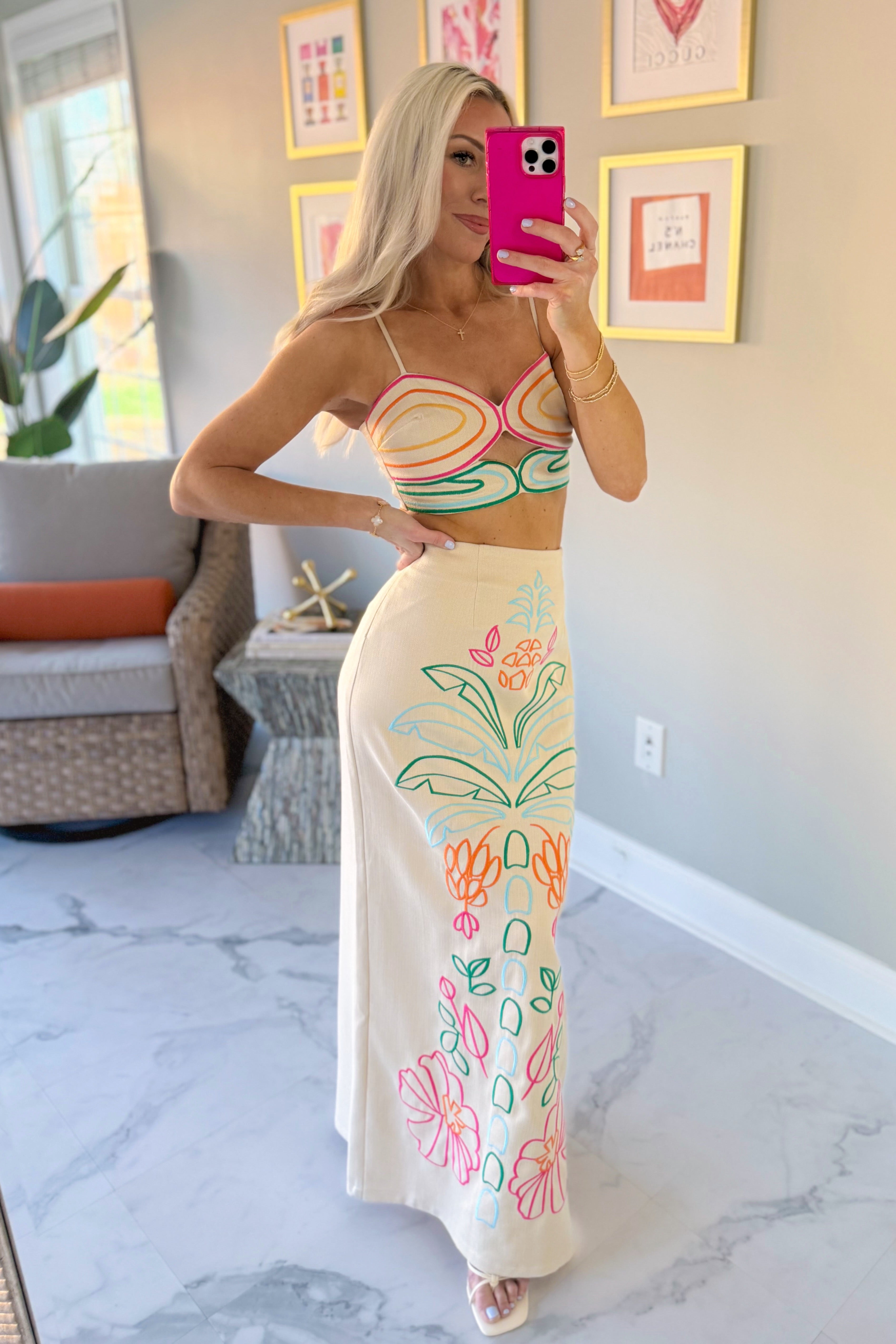 Colorful Embroidered Linen Skirt and Top Set