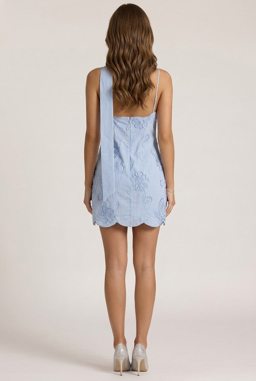 Blue Embroidered Flowers Mini Dress With Neck Sash